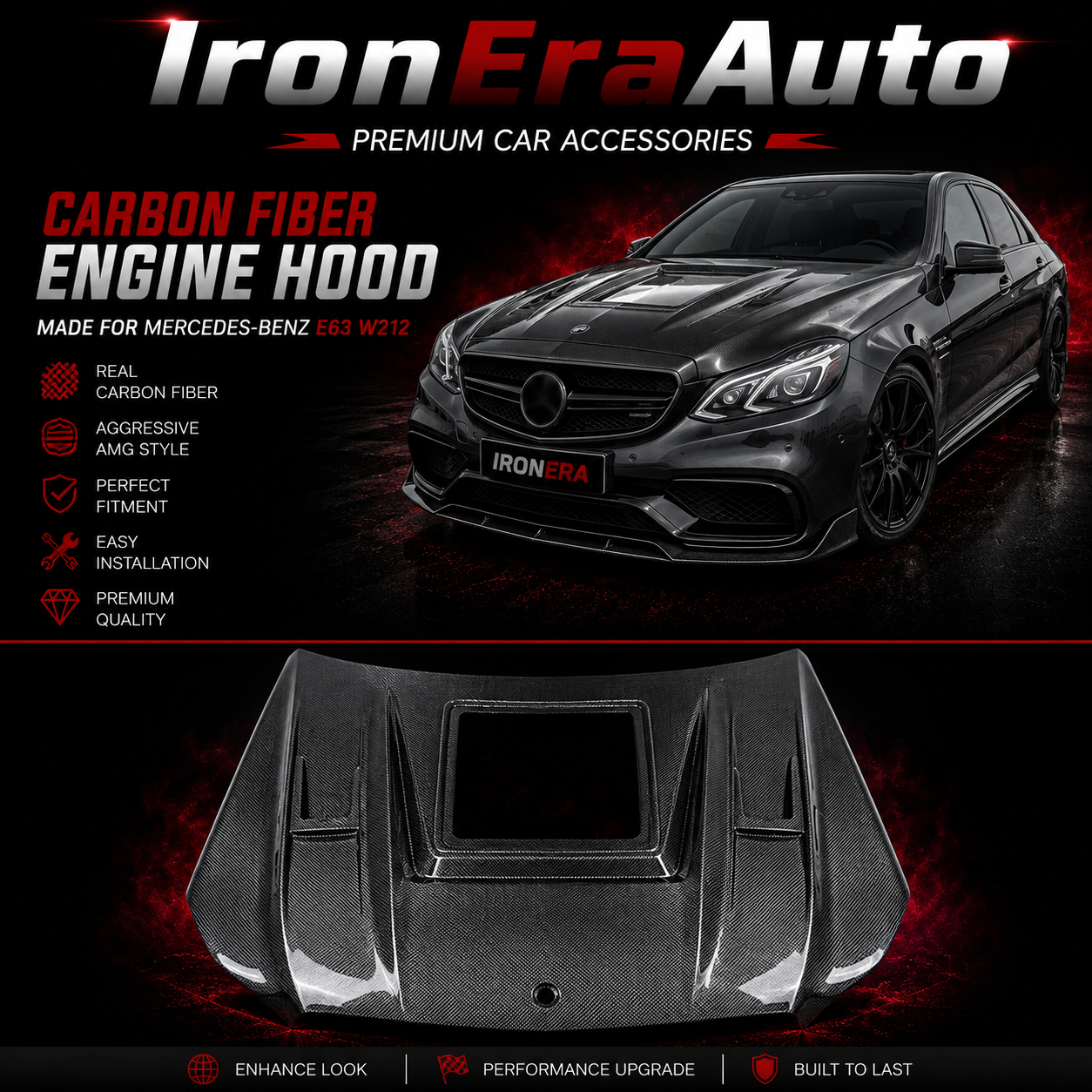 Real Carbon Fiber Engine Hood with Window for Mercedes-Benz E63 AMG W212 (2010–2016)