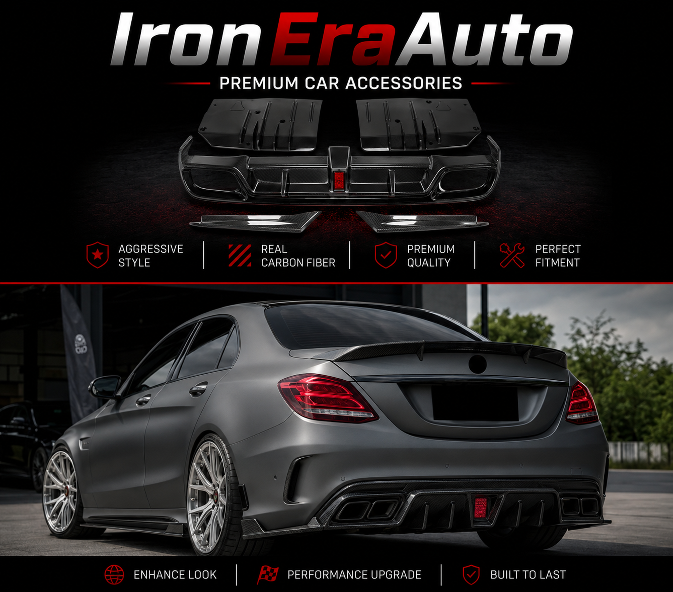 Carbon Fiber Rear Bumper Diffuser With Light for Mercedes Benz W205 C-Class C300 AMG C63 Sedan 2015-2021