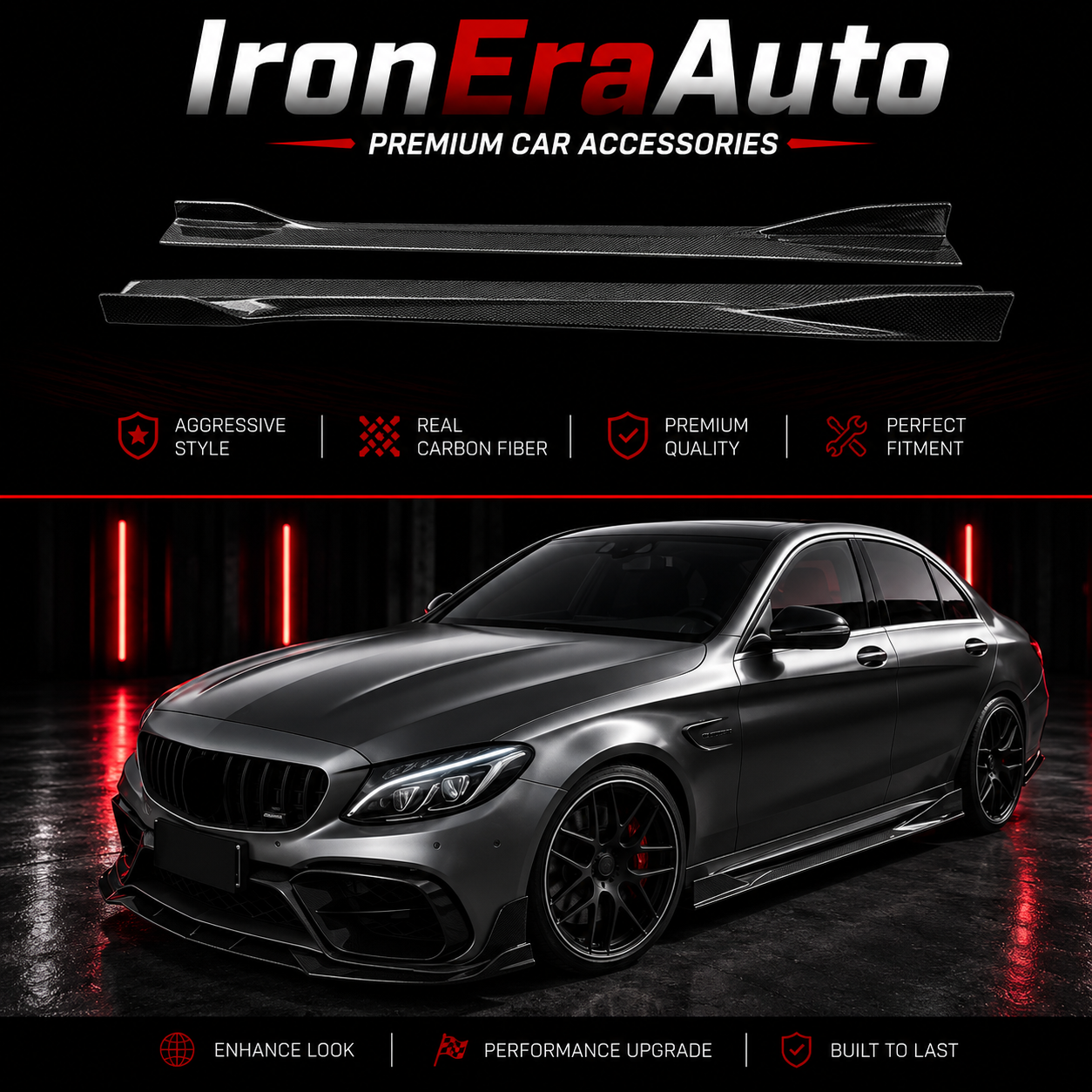 Carbon Fiber Side Bumper Skirt Splitter for Mercedes Benz W205 C300 C43 C63 Sedan 2015-2021 Side Skirt