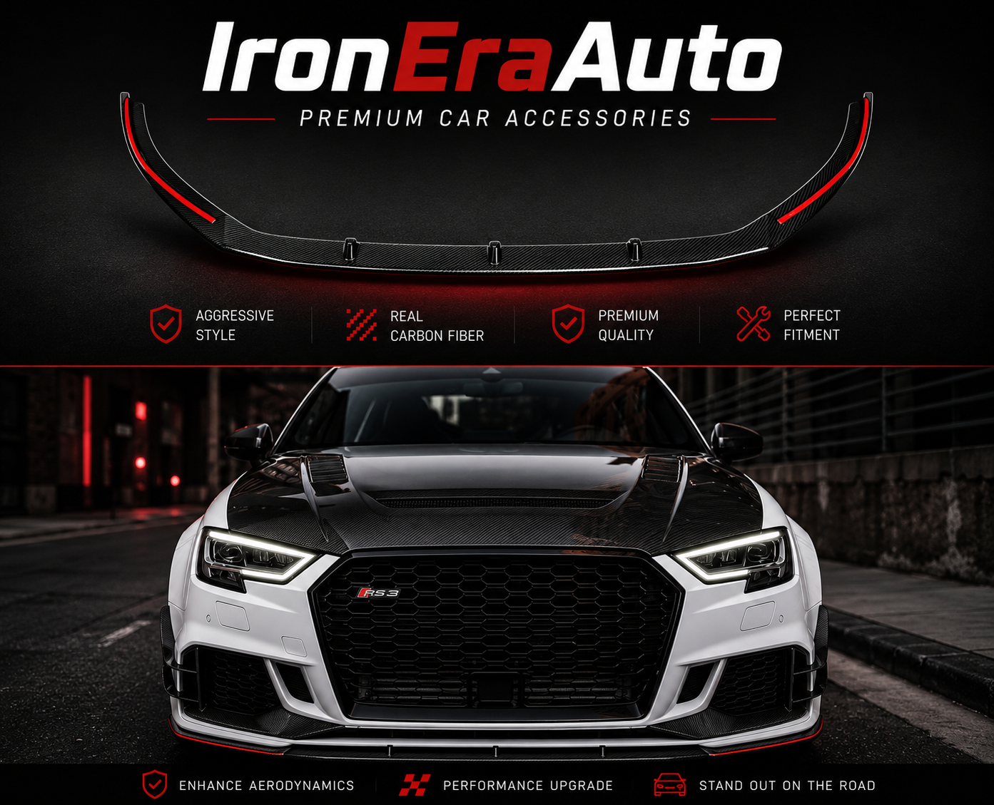 High Quality Real Carbon Fiber RS3 Front Lip for Audi RS3 8V Sedan LCI 2017-2020 Car Carbon Fiber Front Bumper Splitter Lip