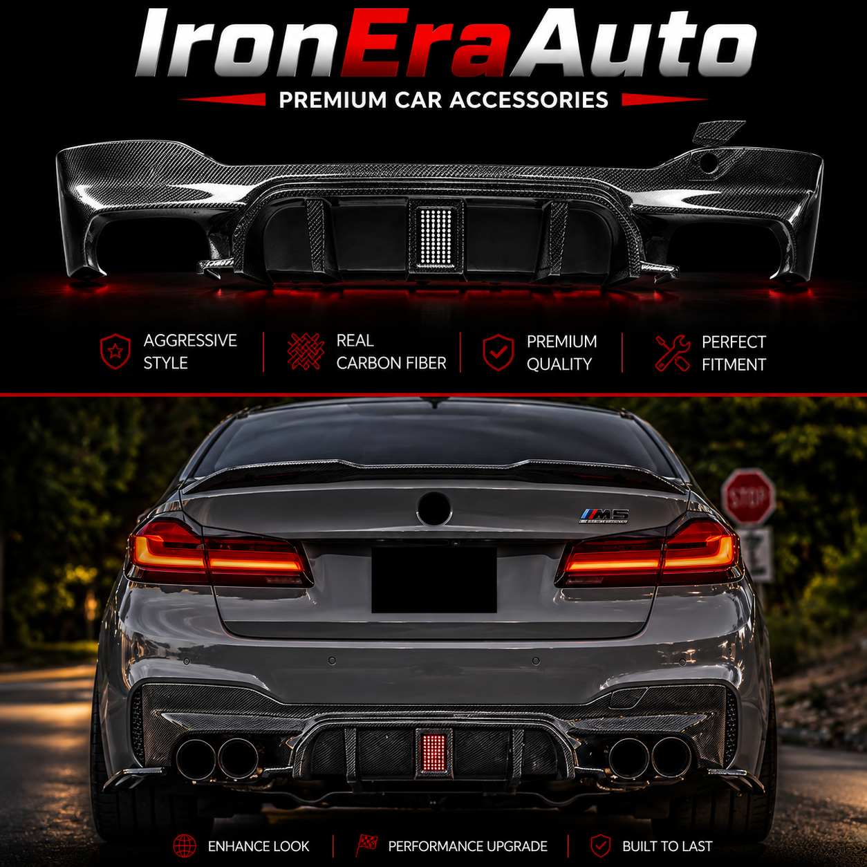 M5 Style With Light Carbon Fiber Rear Diffuser for BMW 5 Series G30 540i M550i F90 2017+ Rear Bumper Splitter Lip Body Kit